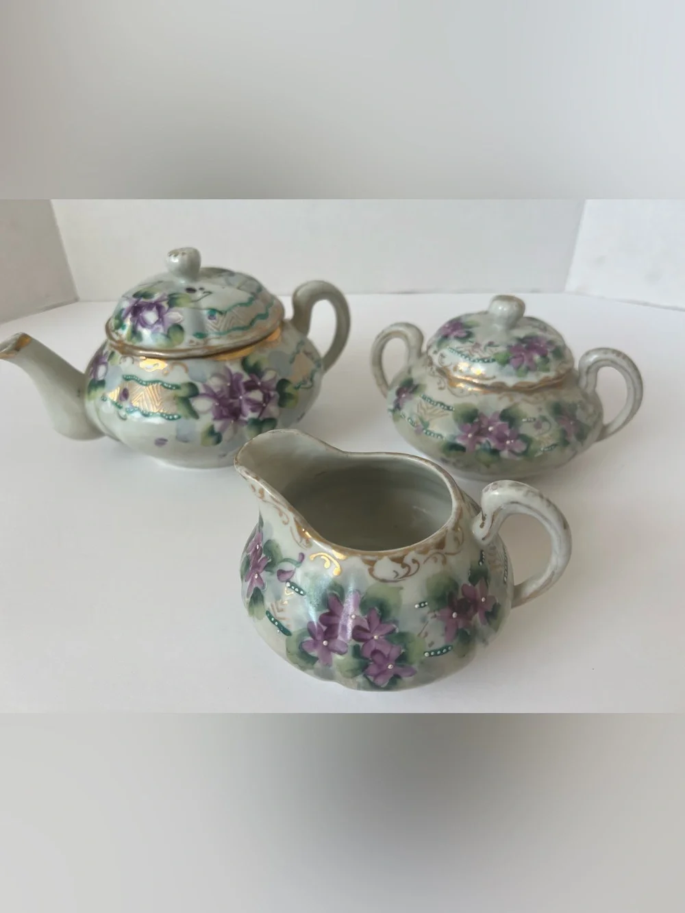 Vintage Mikado Japan Beverly Violet Porcelain Teapot Sugar Creamer 3-Pc Set